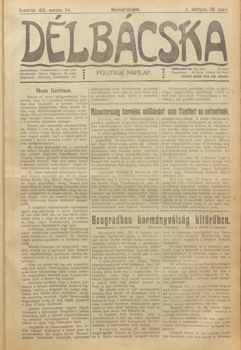 Délbácska, 2. évf. 1921. március 24. 68. sz.