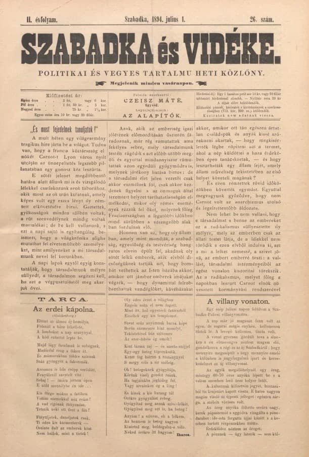 Szabadka és vidéke II, 2. évf. 1894. július 1. 26. sz.