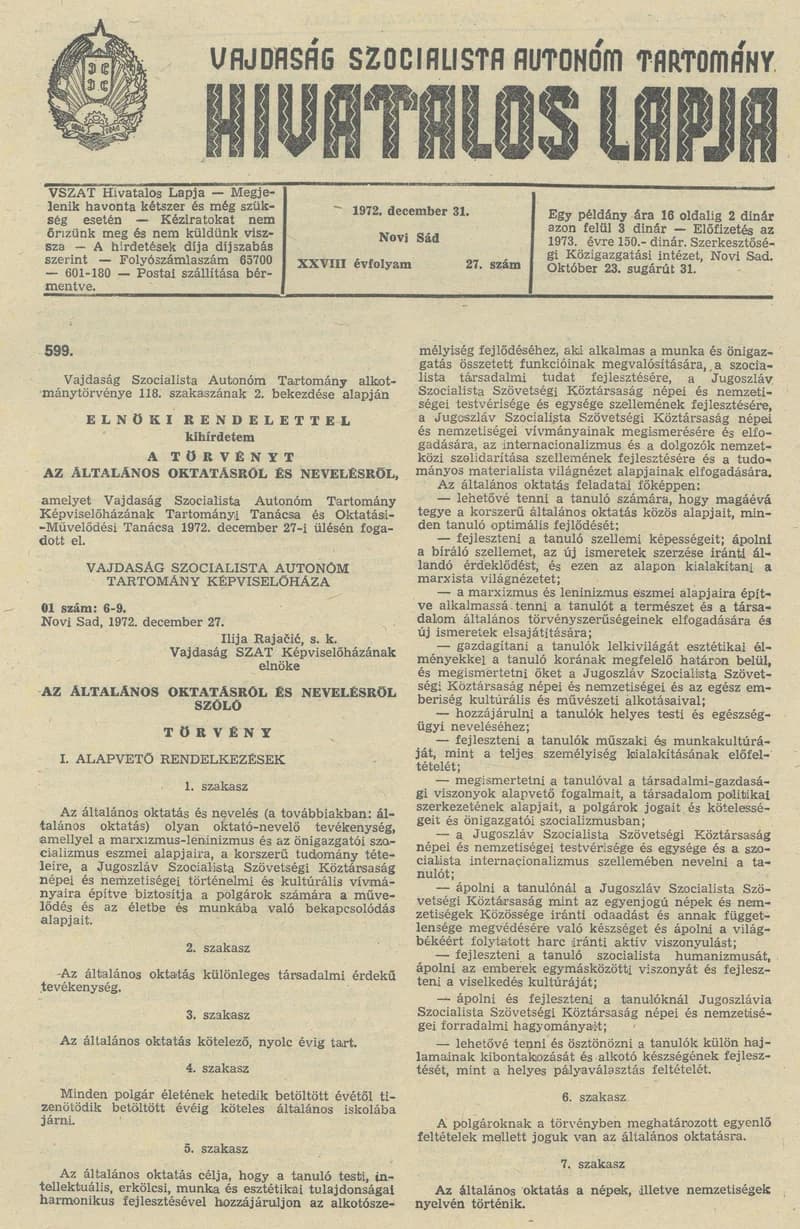 Vajdaság Szocialista Autonóm Tartomány Hivatalos Lapja, 28. évf. 1972. december 31. 27. sz. 925–1012. oldal