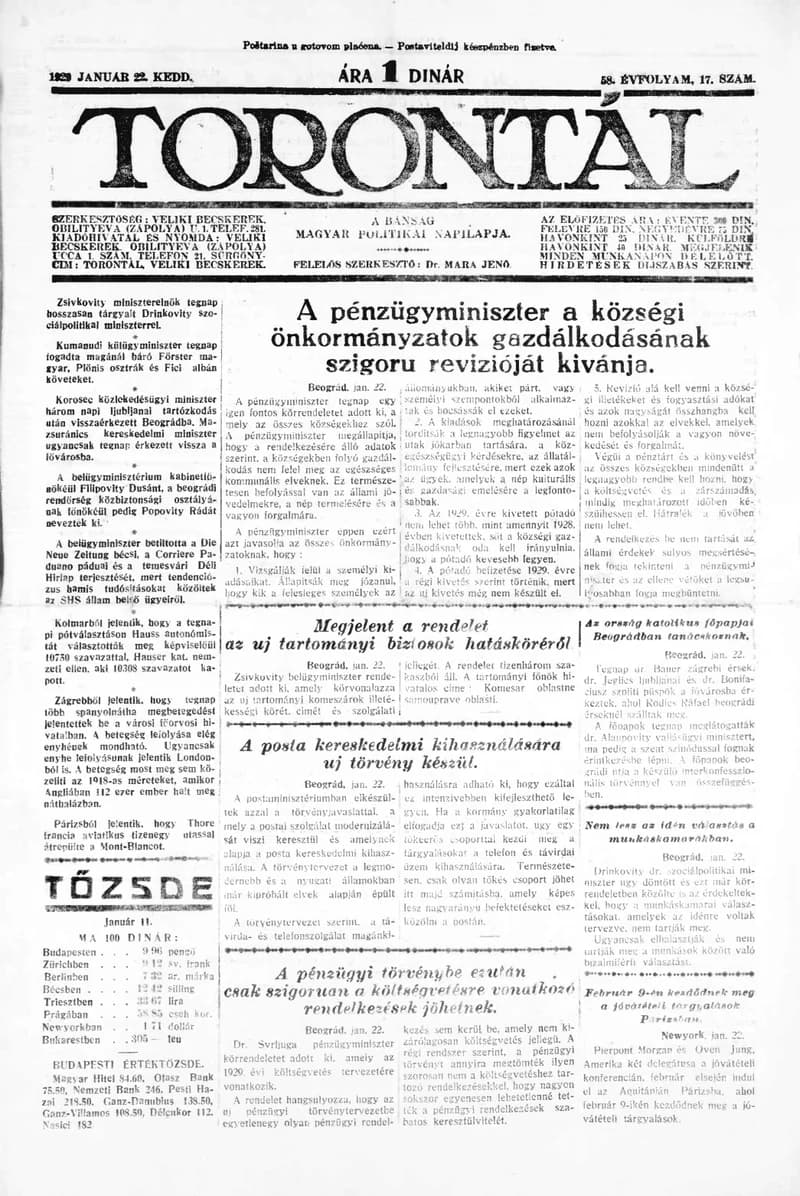 Torontál, 58. évf. 1929. január 22. 17. sz.
