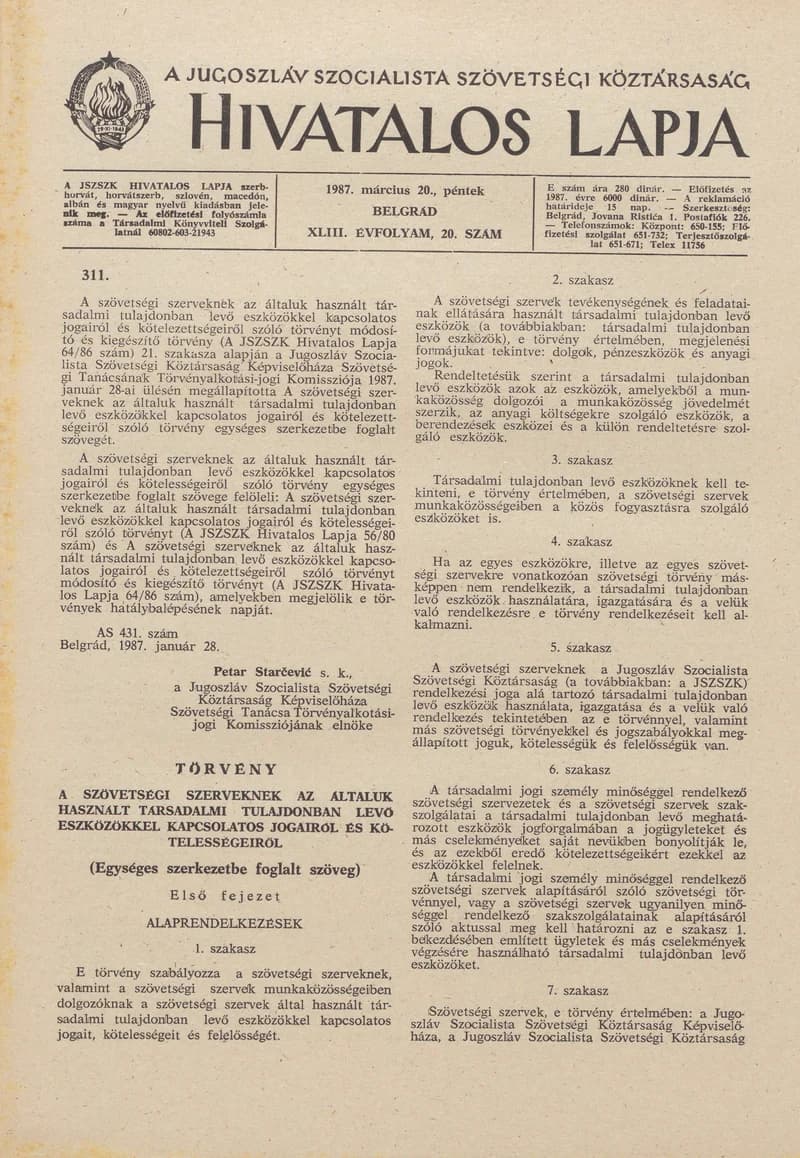 A Jugoszláv Szocialista Szövetségi Köztársaság Hivatalos Lapja, 43. évf. 1987. március 20. 20. sz. 541–572. oldal
