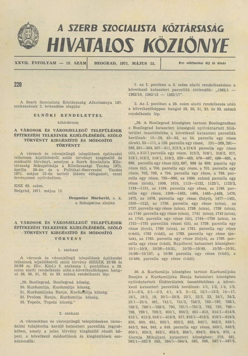 A Szerb Szocialista Köztársaság Hivatalos Közlönye, 27. évf. 1971. május 15. 19. sz. 433–436. oldal