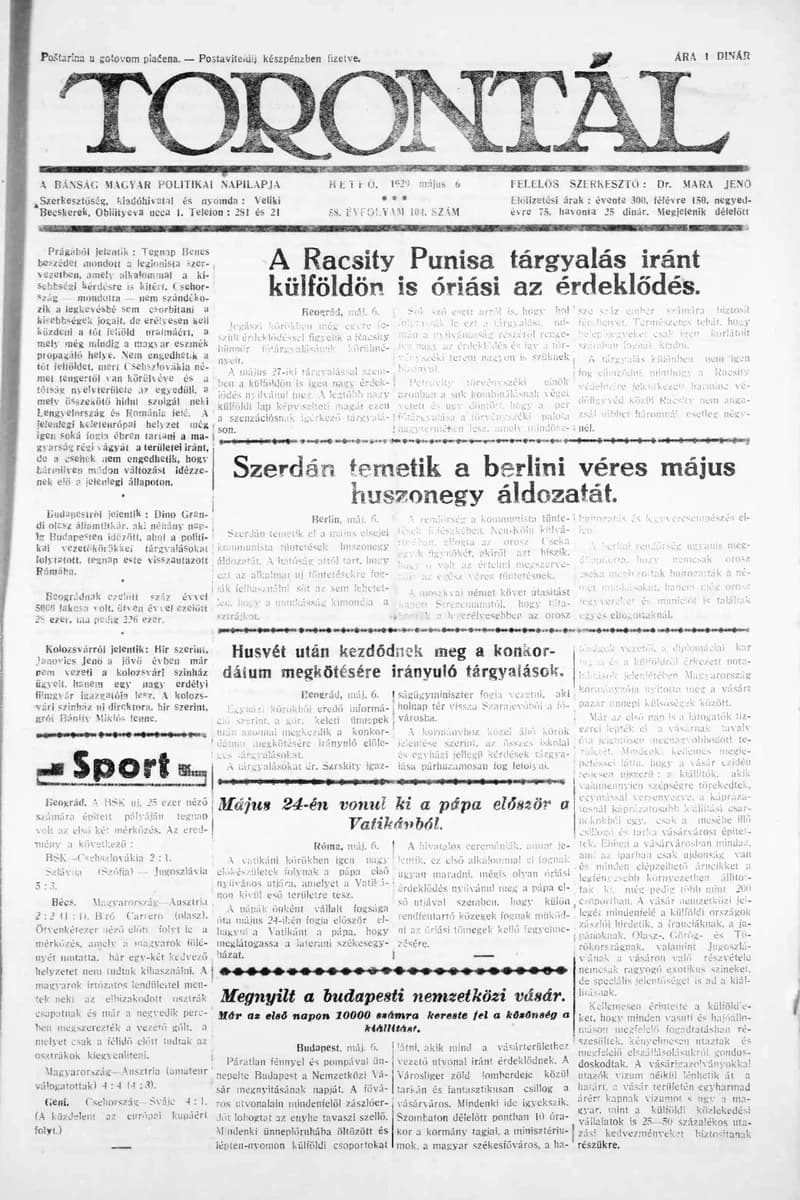 Torontál, 58. évf. 1929. május 6. 104. sz.