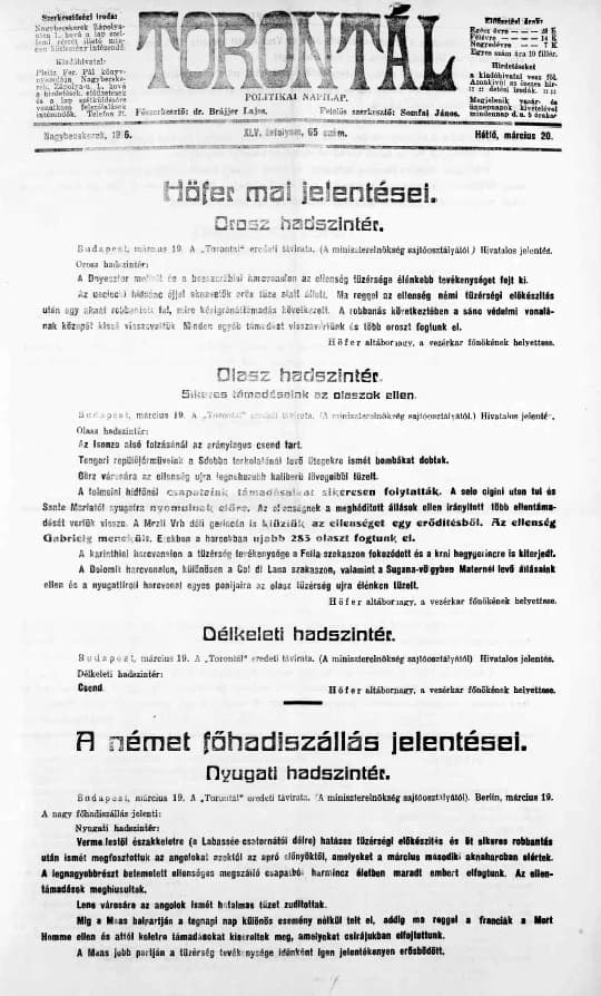Torontál, 45. évf. 1916. március 20. 65. sz.