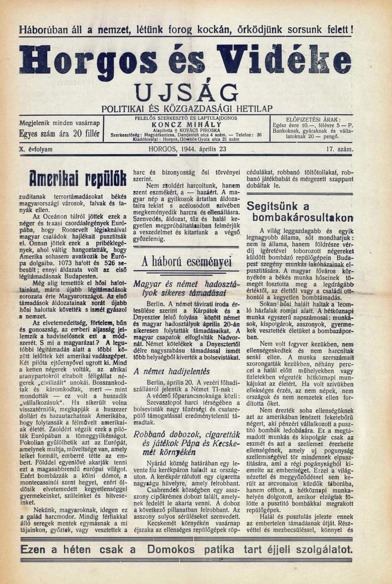 Horgos és vidéke, 9. évf. 1944. április 23. 17. sz.