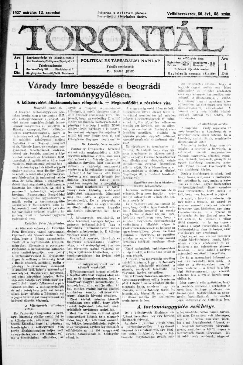 Torontál, 56. évf. 1927. március 12. 58. sz.