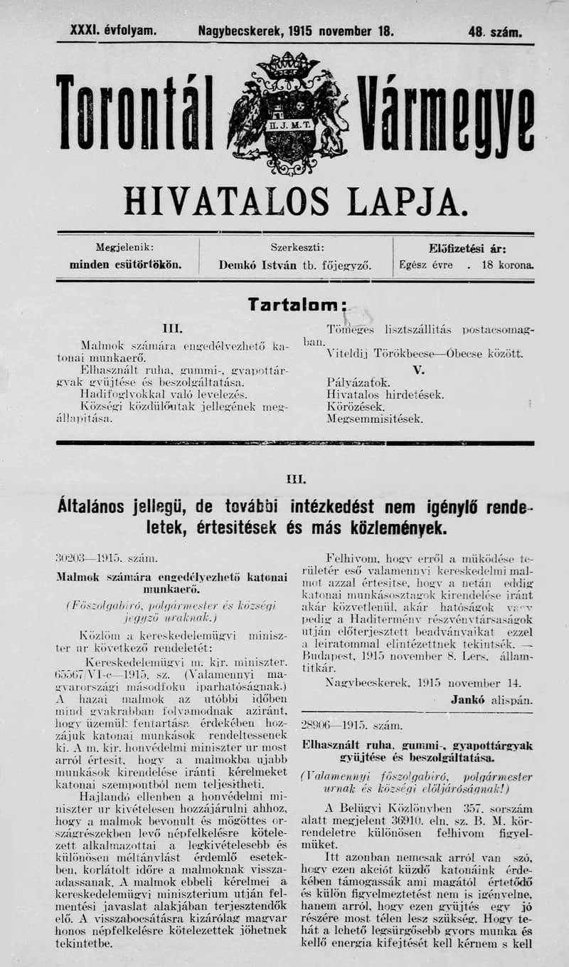 Torontál Vármegye Hivatalos Lapja, 31. évf. 1915. november 18. 48. sz.