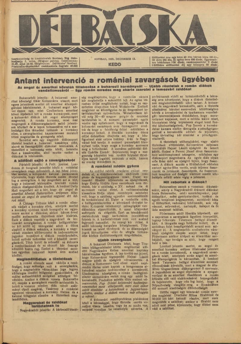 Délbácska, 8. évf. 1927. december 13. 288. sz.