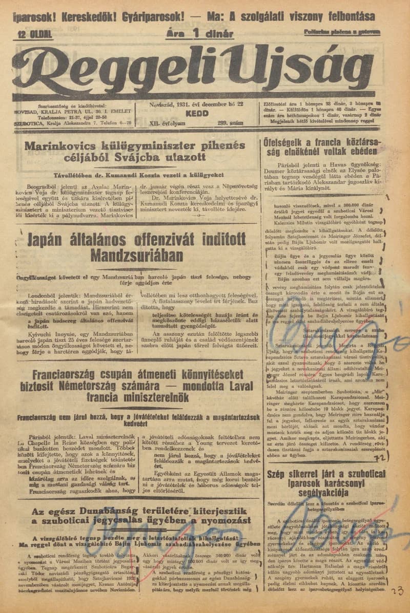 Reggeli Újság, 12. évf. 1931. december 22. 299. sz.