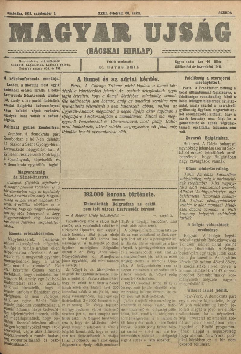 Bácskai Hirlap, 23. évf. 1919. szeptember 3. 68. sz.