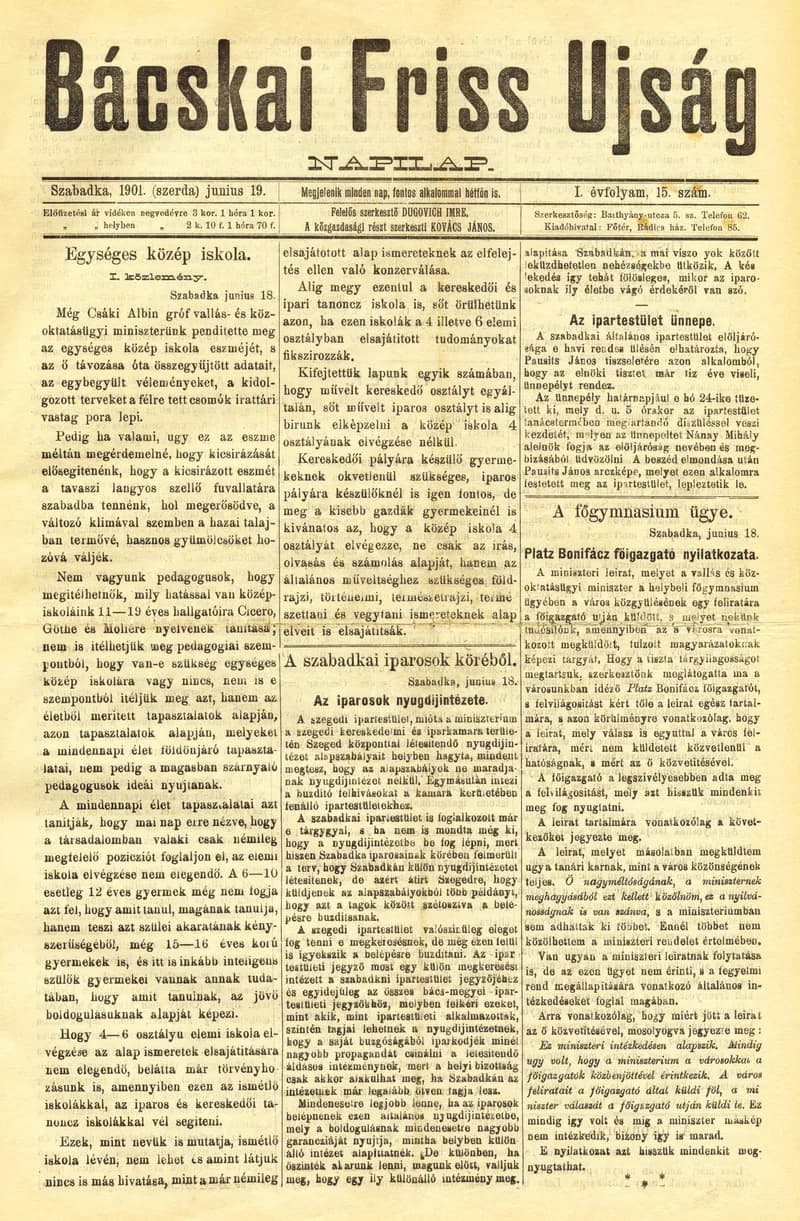 Bácskai Friss Ujság, 1. évf. 1901. június 19. 15. sz.