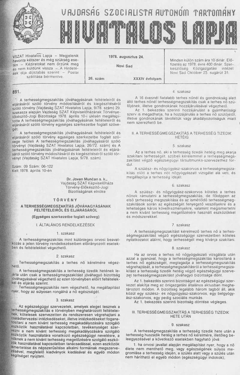 Vajdaság Szocialista Autonóm Tartomány Hivatalos Lapja, 34. évf. 1978. augusztus 24. 26. sz. 1101–1140. oldal