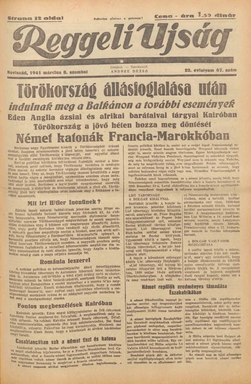 Reggeli Újság, 22. évf. 1941. március 8. 67. sz.