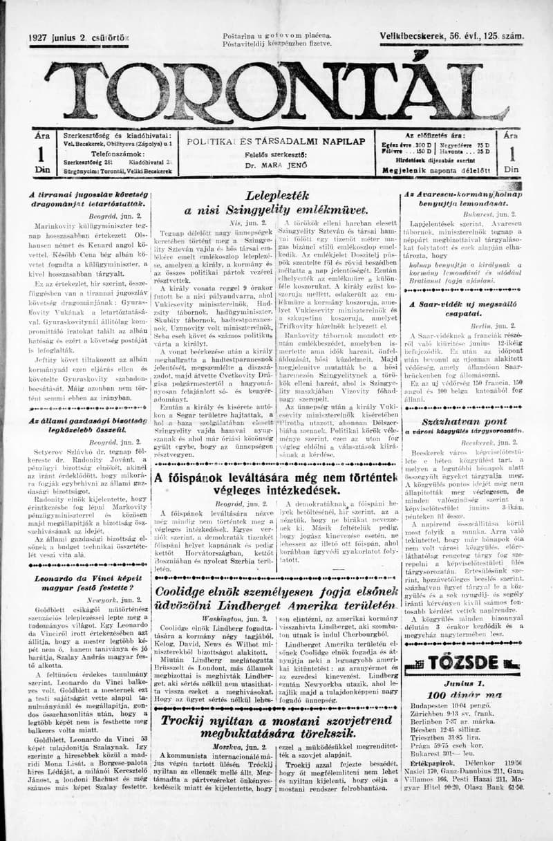 Torontál, 56. évf. 1927. június 2. 125. sz.