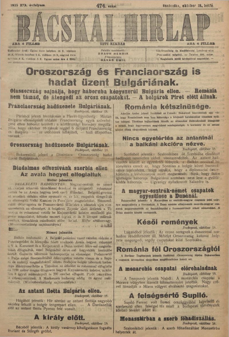 Bácskai Hirlap, 19. évf. 1915. október 18. 474. sz.