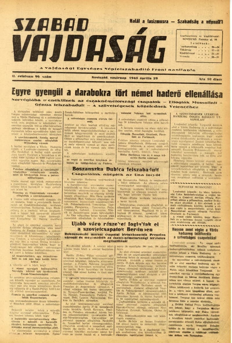 Szabad Vajdaság, 2. évf. 1945. április 29. 96. sz.