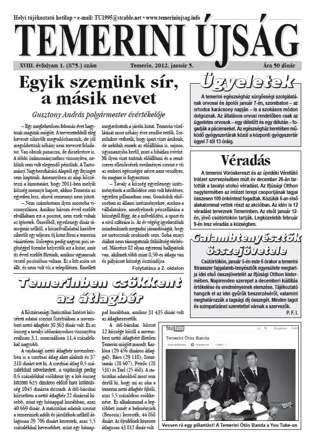 Temerini Újság, 18. évf. 2012. január 5. 1. sz.
