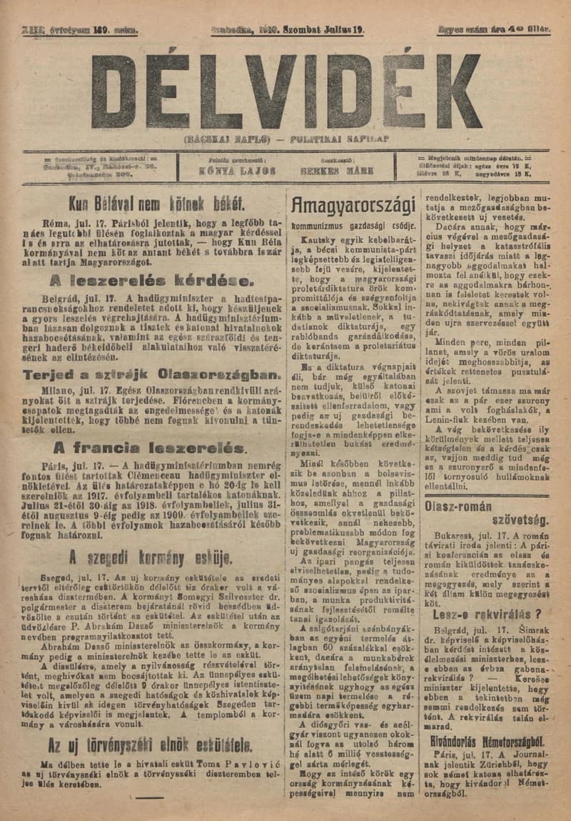 Délvidék, 13. évf. 1919. július 19. 139. sz.