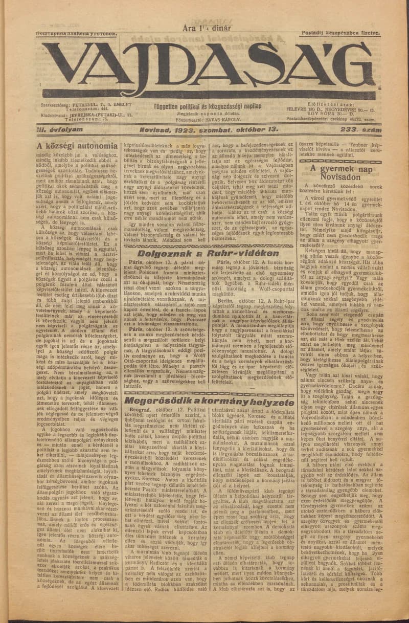 Vajdaság, 3. évf. 1923. október 13. 233. sz.