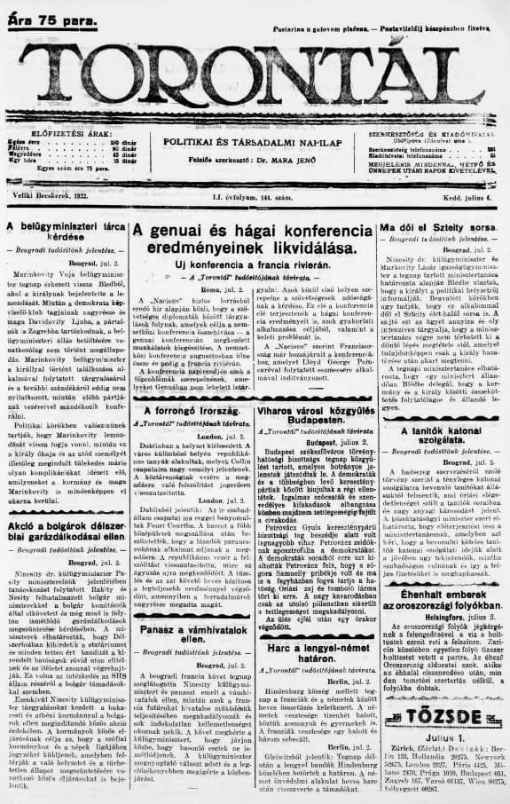 Torontál, 51. évf. 1922. július 4. 144. sz.