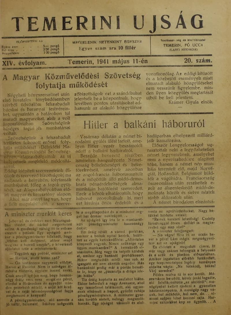 Temerini Újság 1928-1944, 14. évf. 1941. május 11. 20. sz.