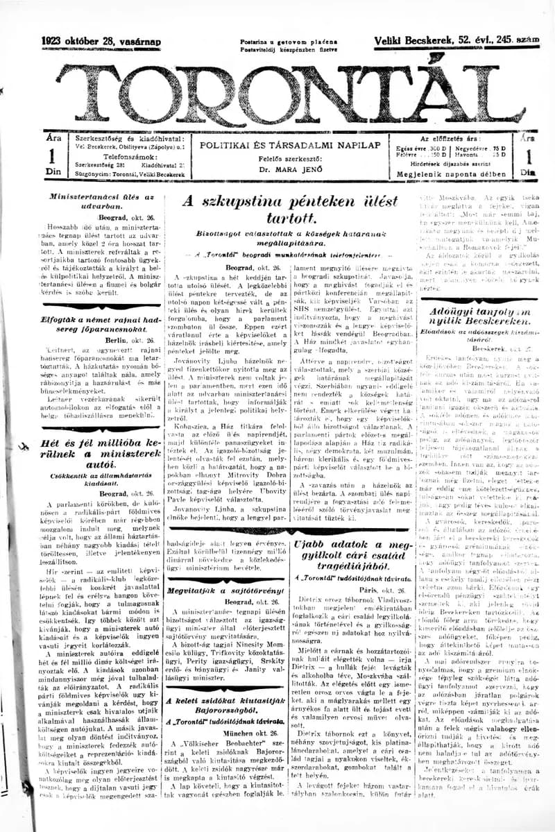 Torontál, 52. évf. 1923. október 28. 245. sz.