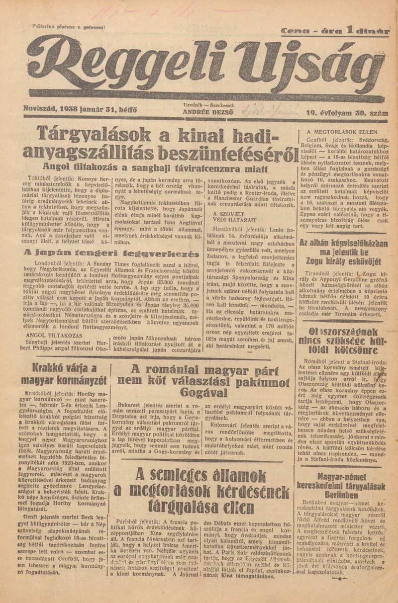 Reggeli Újság, 19. évf. 1938. január 31. 30. sz.