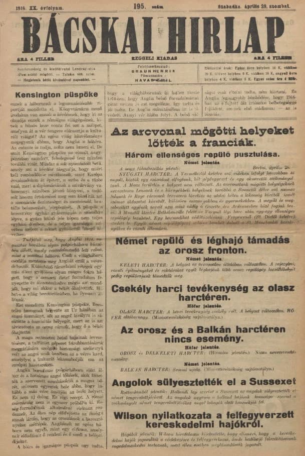 Bácskai Hirlap, 20. évf. 1916. április 29. 195. sz.