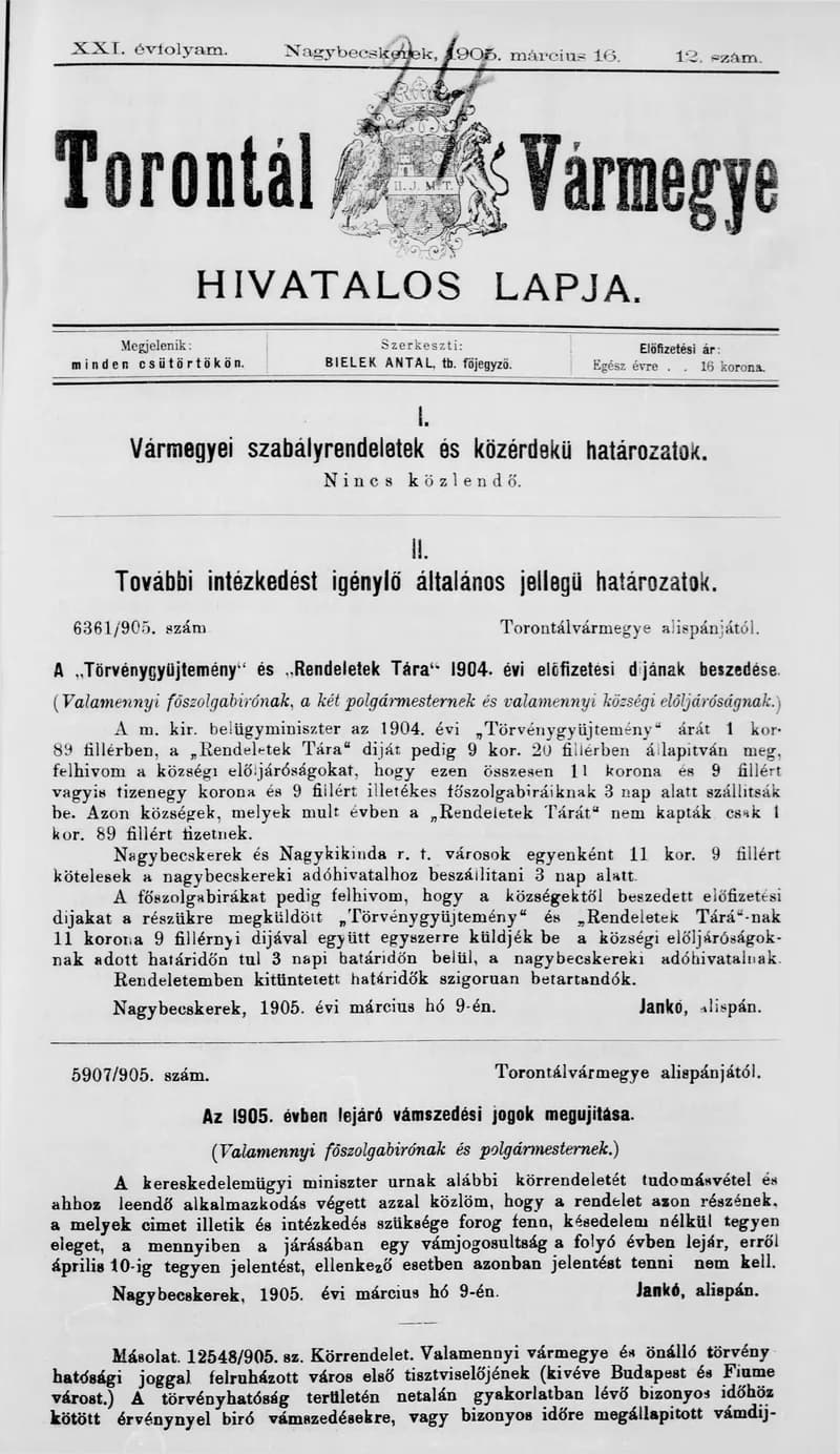 Torontál Vármegye Hivatalos Lapja, 21. évf. 1905. március 16. 12. sz.