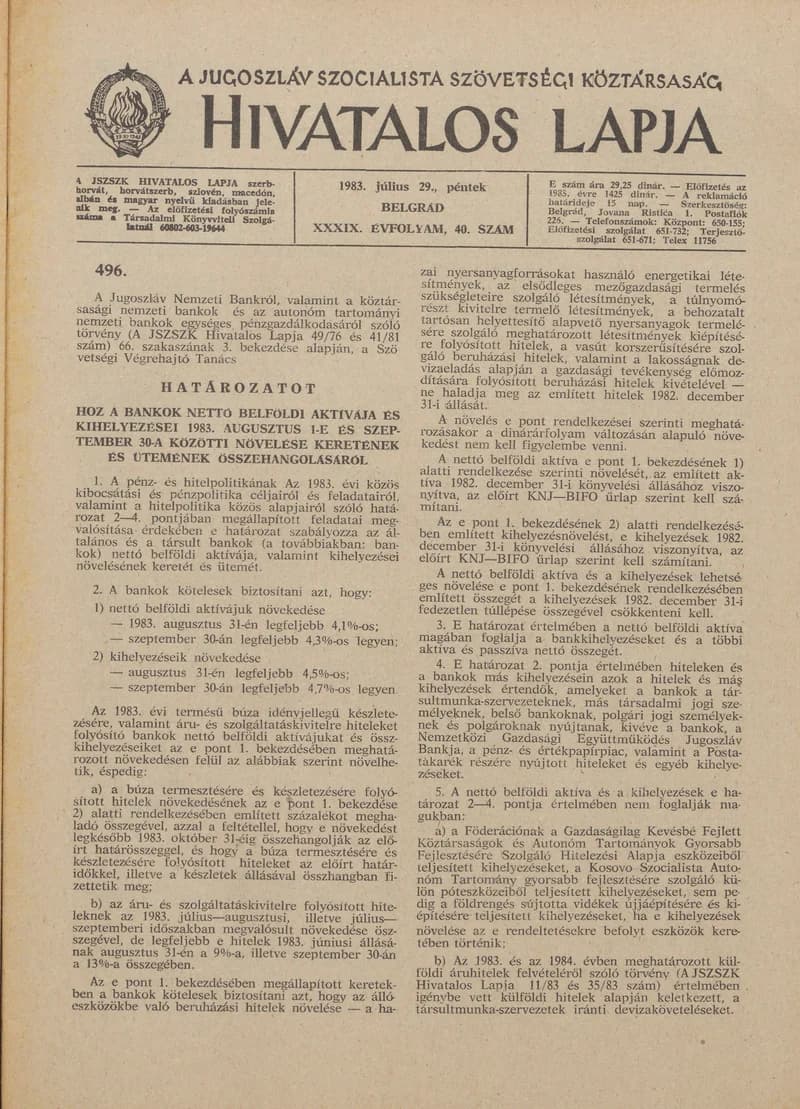 A Jugoszláv Szocialista Szövetségi Köztársaság Hivatalos Lapja, 39. évf. 1983. július 29. 40. sz. 1101–1136. oldal