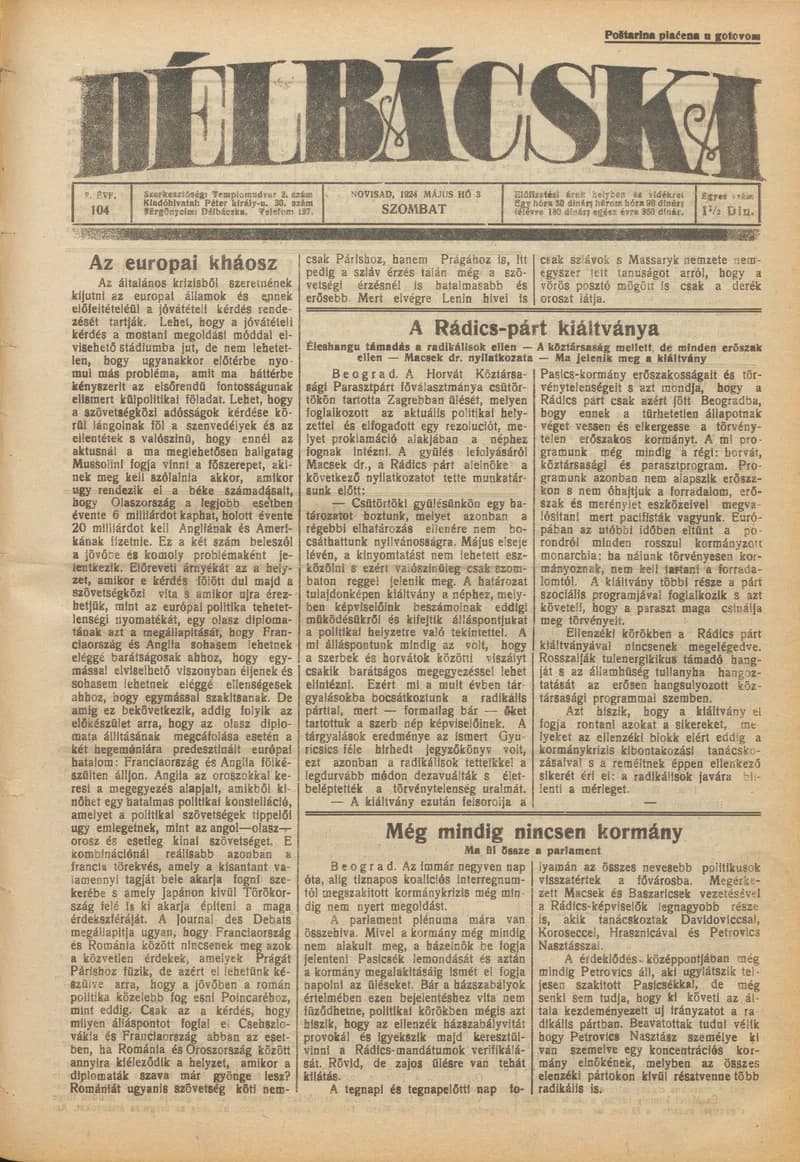 Délbácska, 5. évf. 1924. május 3. 104. sz.