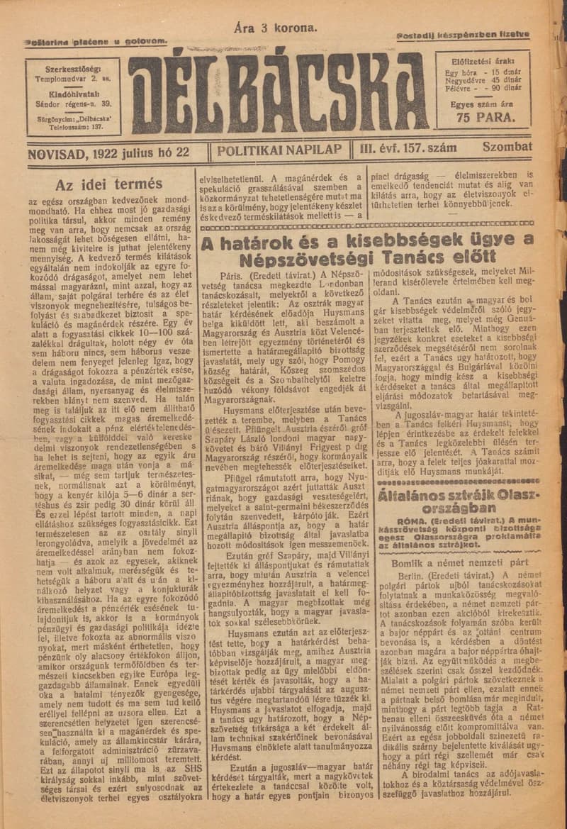 Délbácska, 3. évf. 1920. július 22. 157. sz.