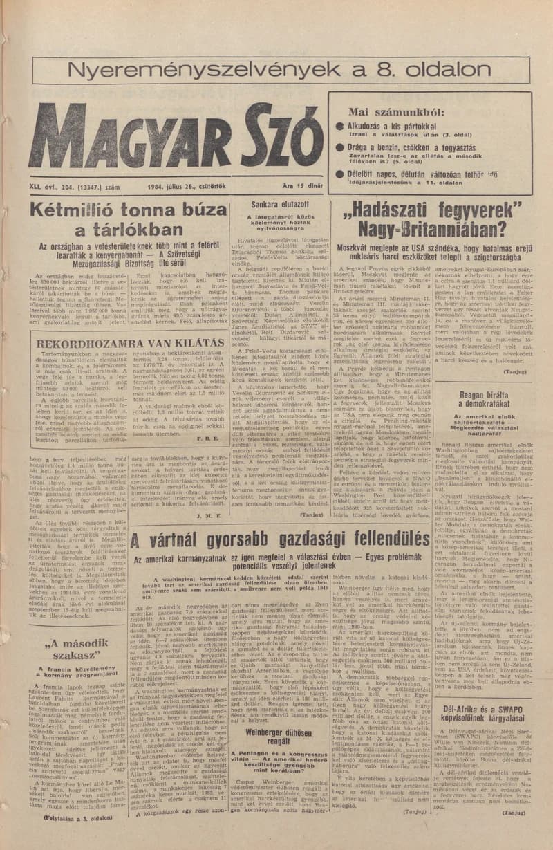 Magyar Szó, 41. évf. 1984. július 26. 204. sz. 1–16. oldal
