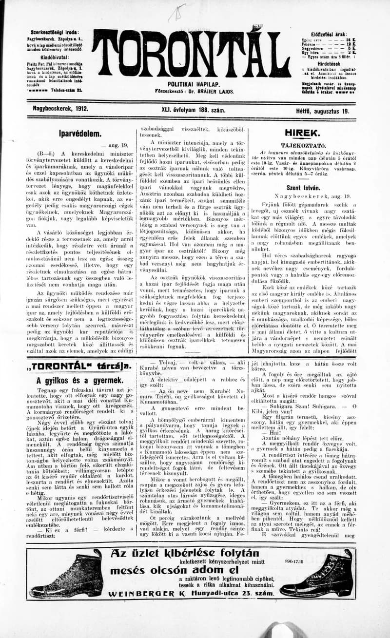 Torontál, 41. évf. 1912. augusztus 19. 188. sz.