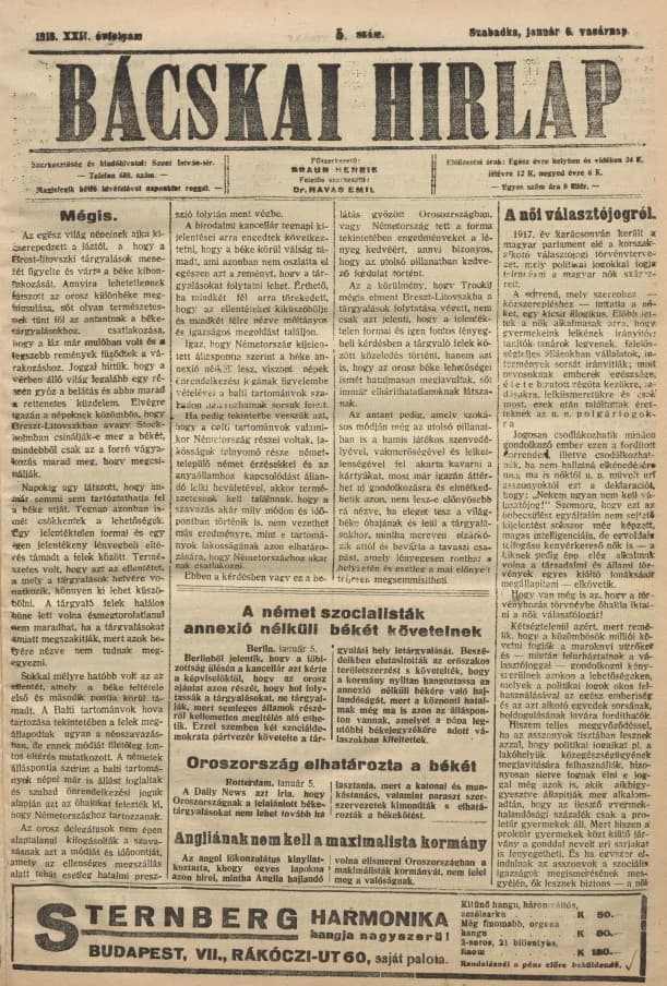 Bácskai Hirlap, 22. évf. 1918. január 6. 5. sz.