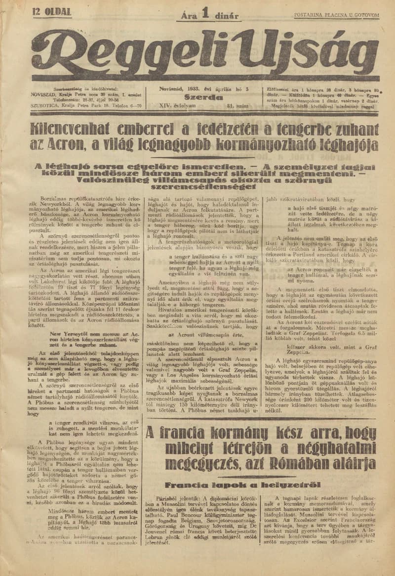 Reggeli Újság, 14. évf. 1933. április 8. 84. sz.