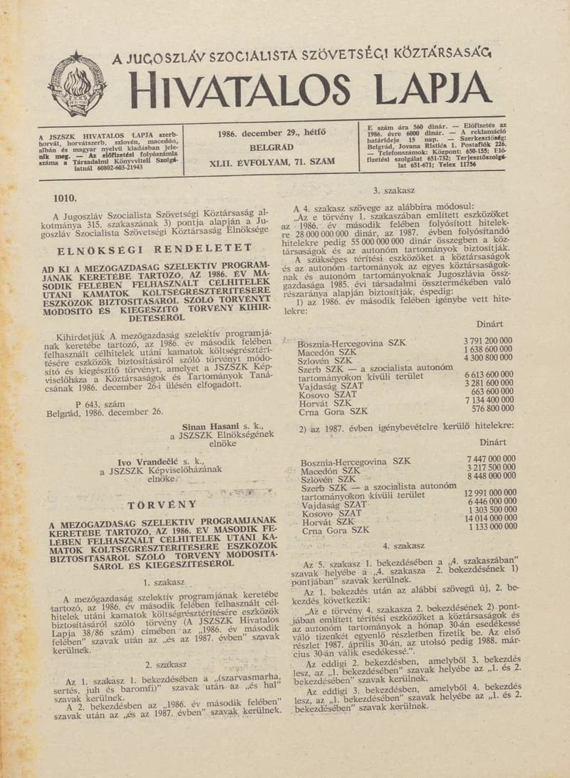 A Jugoszláv Szocialista Szövetségi Köztársaság Hivatalos Lapja, 42. évf. 1986. december 29. 71. sz. 2097–2160. oldal