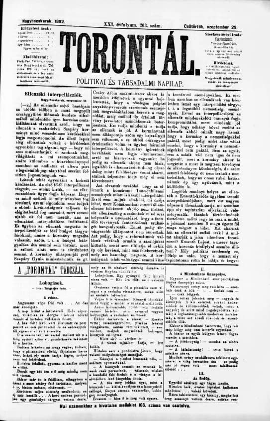 Torontál, 21. évf. 1892. szeptember 29. 203. sz.