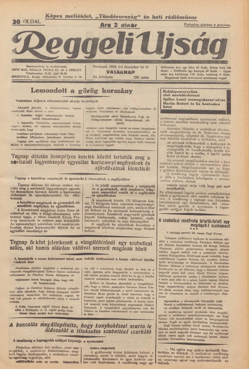 Reggeli Újság, 11. évf. 1930. december 21. 298. sz.