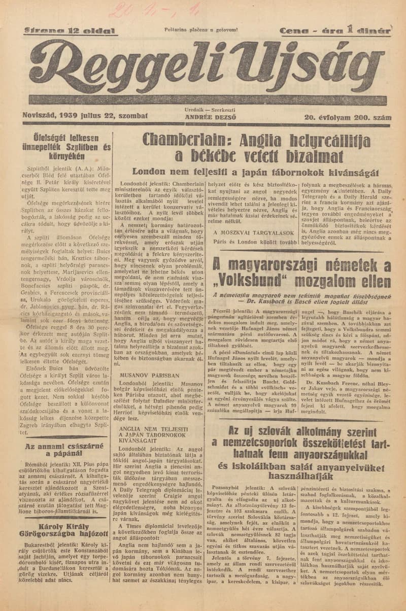 Reggeli Újság, 20. évf. 1939. július 22. 200. sz.