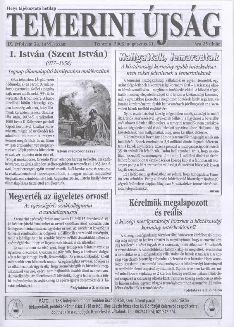 Temerini Újság, 9. évf. 2003. augusztus 21. 34. sz.