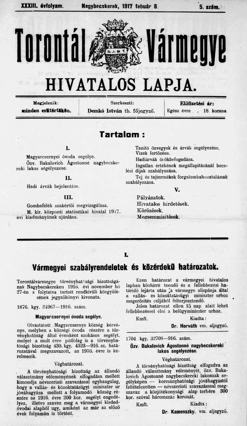 Torontál Vármegye Hivatalos Lapja, 33. évf. 1917. február 8. 5. sz.