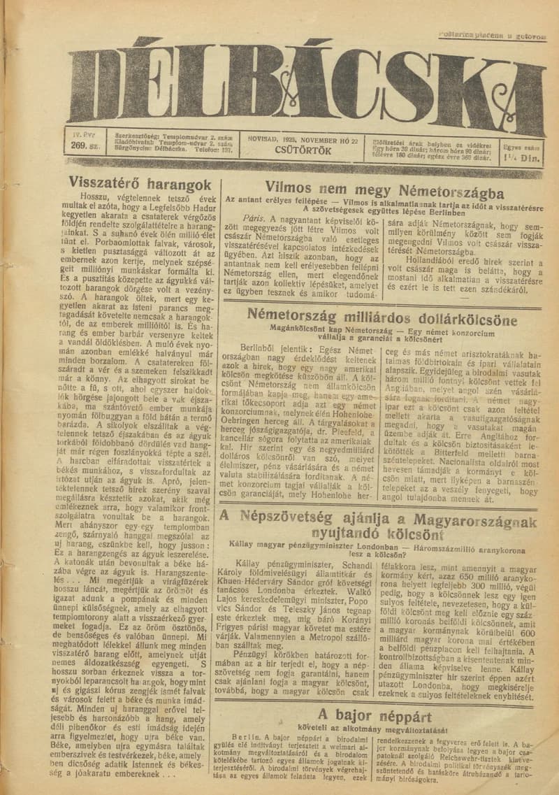 Délbácska, 4. évf. 1923. november 22. 269. sz.