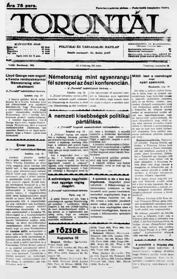 Torontál, 51. évf. 1922. augusztus 20. 183. sz.