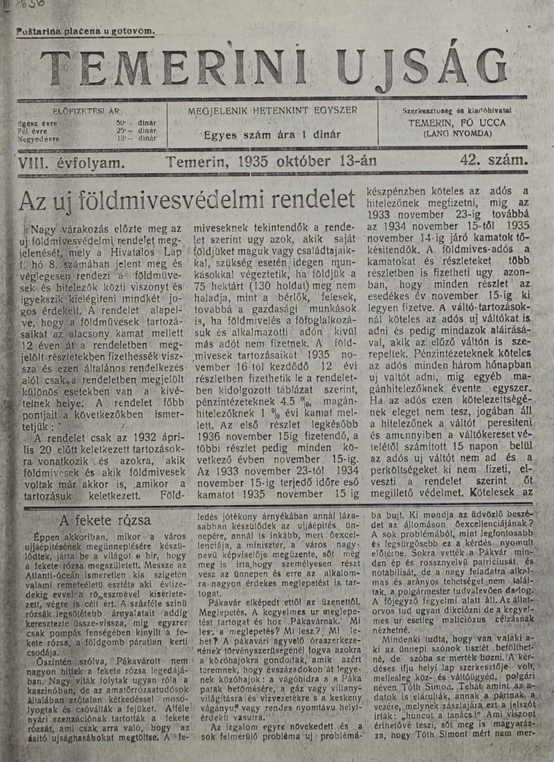 Temerini Újság 1928-1944, 8. évf. 1935. október 13. 42. sz.