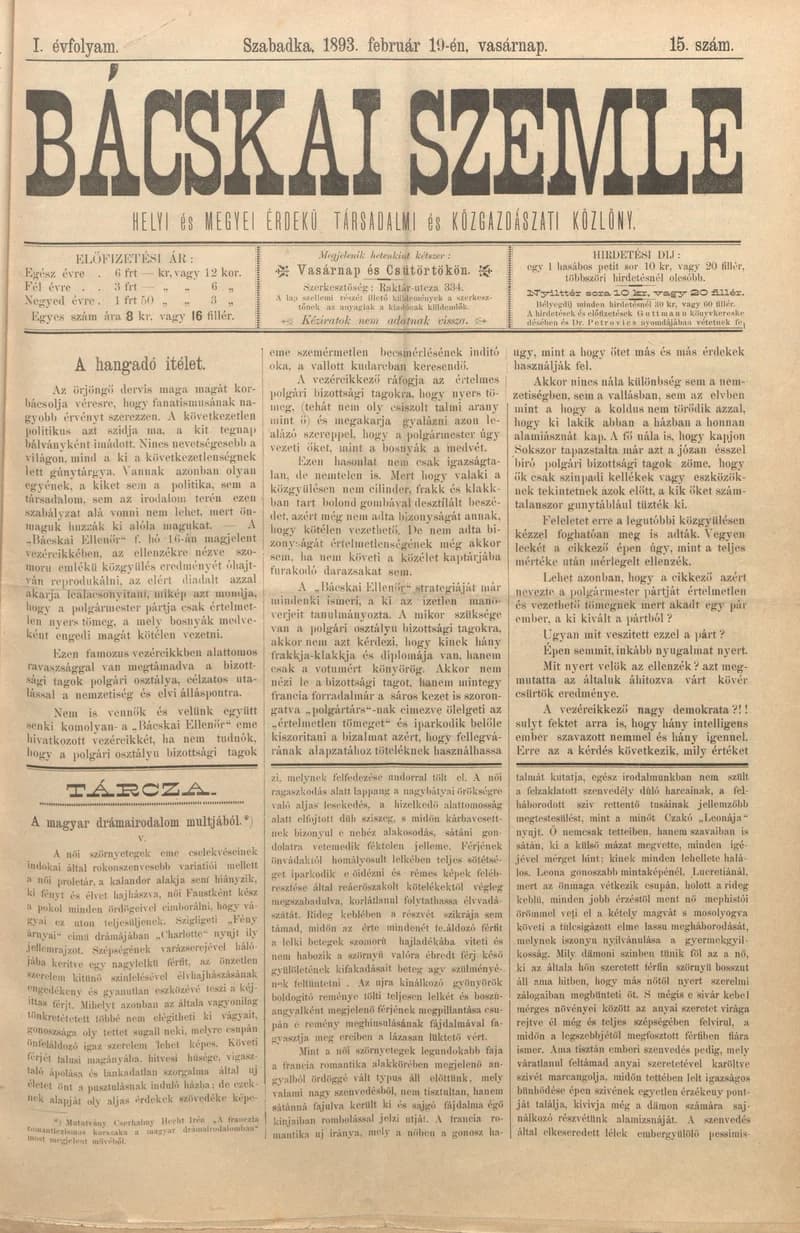 Bácskai Szemle, 1. évf. 1893. február 19. 15. sz.