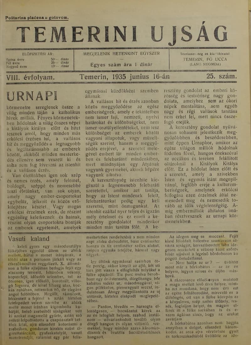 Temerini Újság 1928-1944, 8. évf. 1935. június 16. 25. sz.