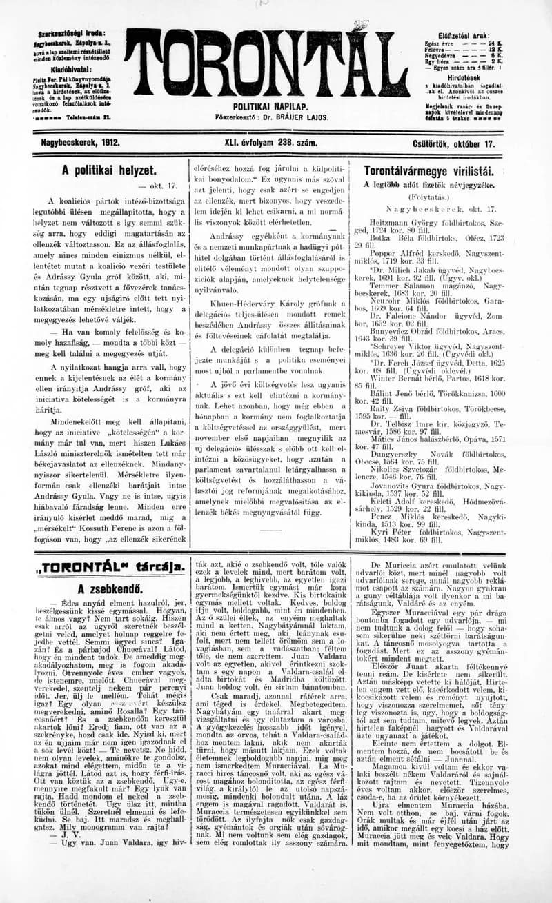 Torontál, 41. évf. 1912. október 17. 238. sz.