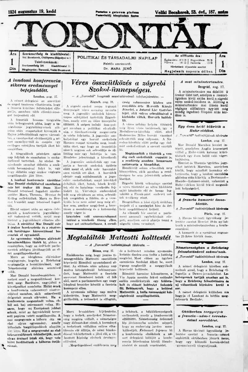 Torontál, 53. évf. 1924. augusztus 19. 187. sz.