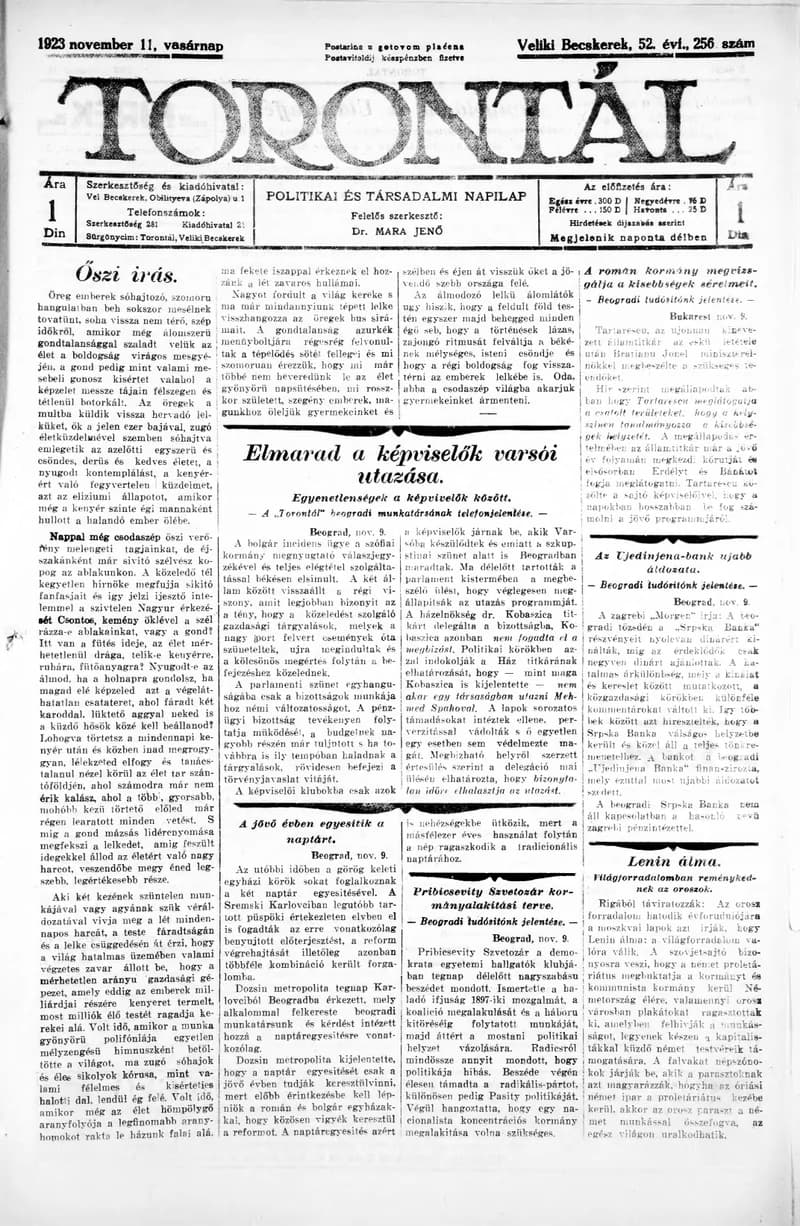 Torontál, 52. évf. 1923. november 11. 256. sz.